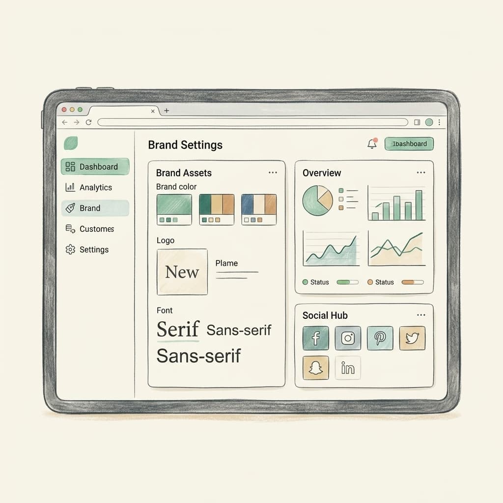 Stylized hand-drawn illustration of the Qureal AI dashboard and brand settings page inside a tablet device frame, featuring soft teal accents and simple charts