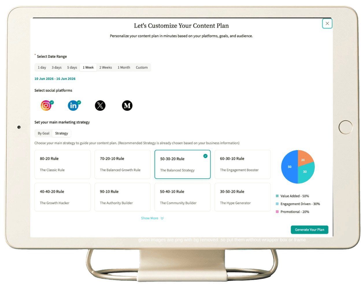 Customize Content Plan wizard modal showing platforms and goal split